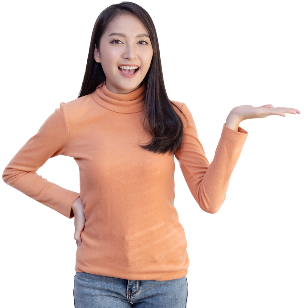 Asian Woman Presenting to Blank Space